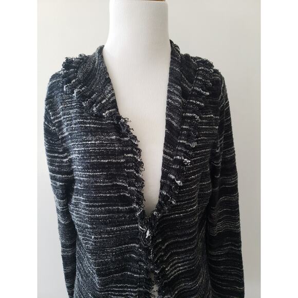 Nordstrom Studio 121 Fringe Trim Cardigan Black Clasp Close Medium - Picture 4 of 10